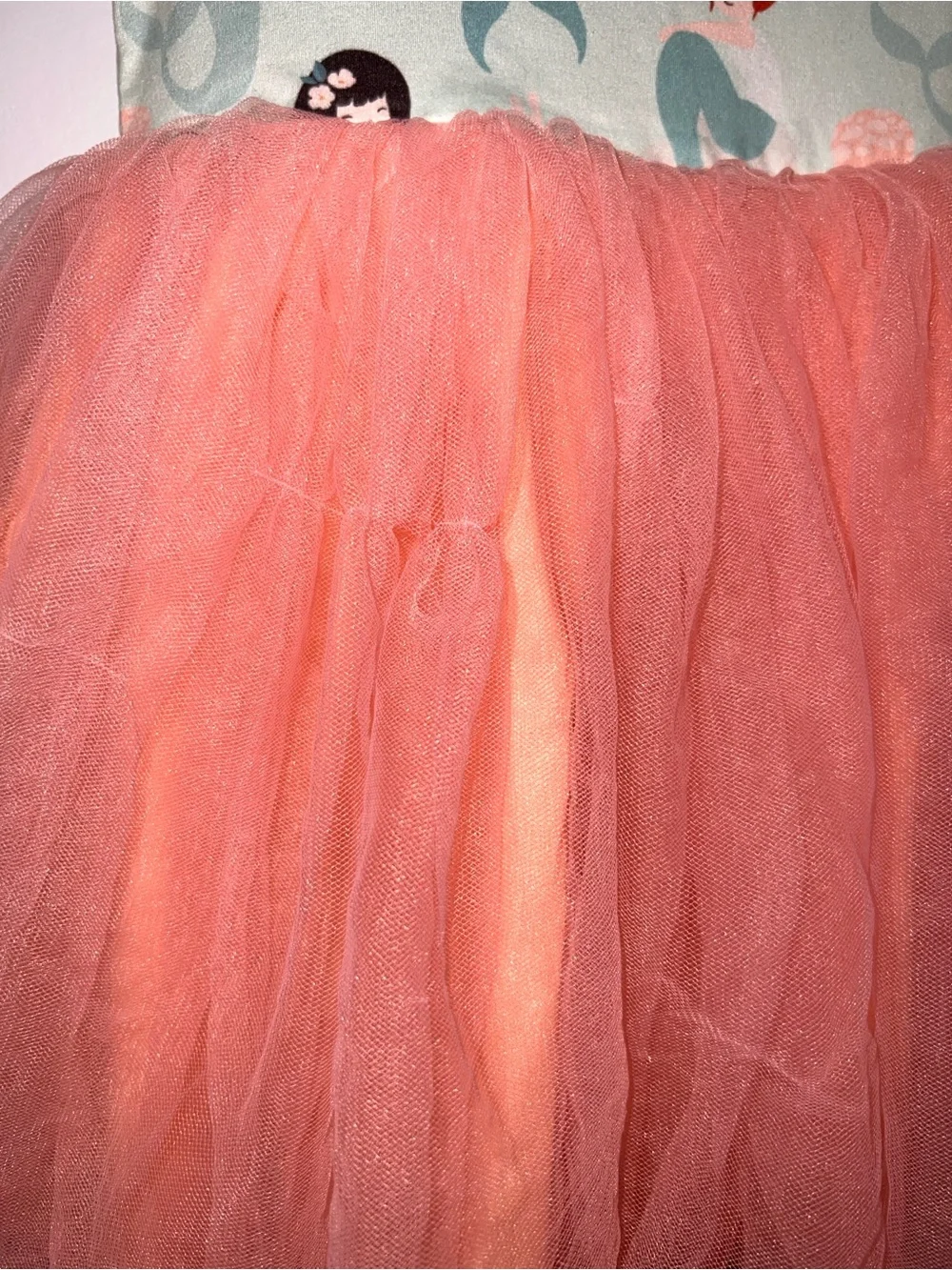 *Rip in Top Layer Tulle* Girls' 3T Mermaid Print Tulle Dress - Coral Skirt